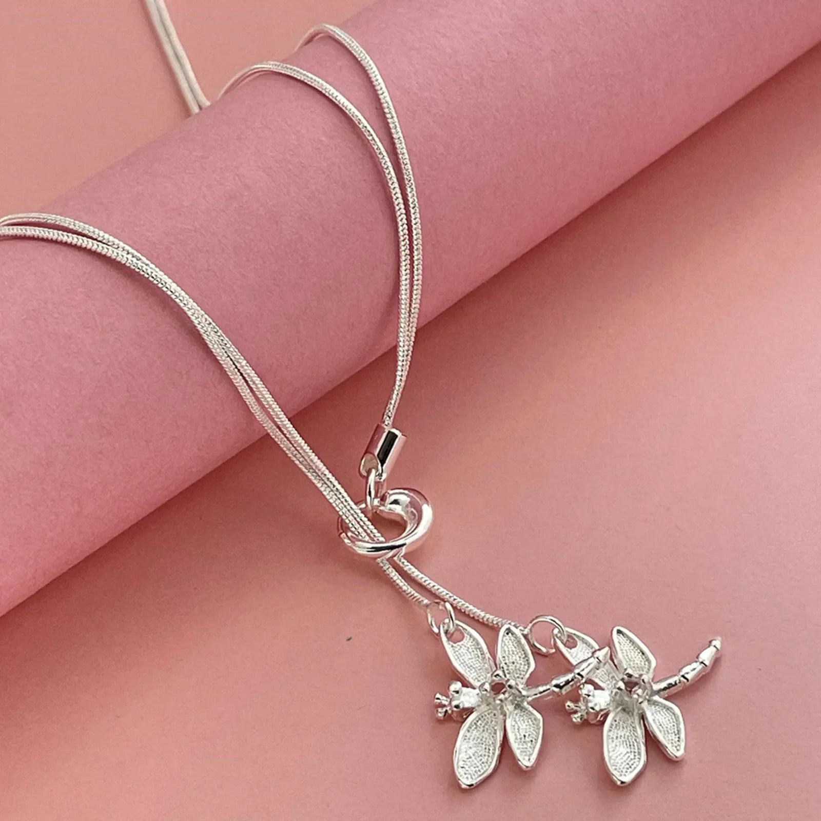 925 Sterling Silver Two Dragonfly Pendant Necklace For Women Snake Chain Necklace Wedding Engagement Jewelry Vera Lux