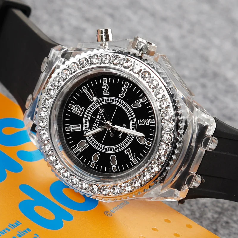 Luminous Quartz Watch for Women Personality Rhinestone Led Fashion Geneva Male and Female Students Couple Jelly Wrist Watches Vera Lux
