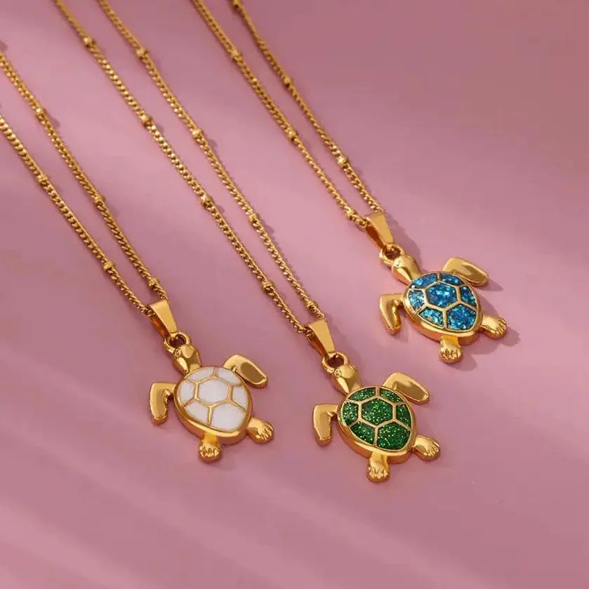 Colored Turtle Pendant Necklace for Women Summer Beach Female Charm Necklace Beads Chain Cute Stainless Steel Jewelry collar Vera Lux