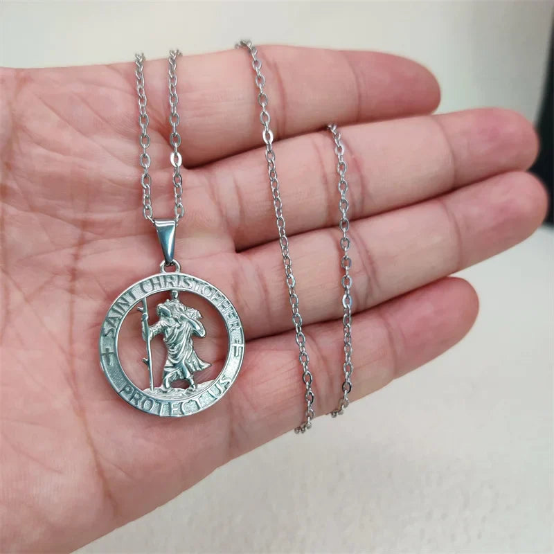 Hot Sale Religious 18K Gold Plated St.Christopher Necklace Stainless Steel Pendant Necklace For Men Women Jewelry Gift Vera Lux