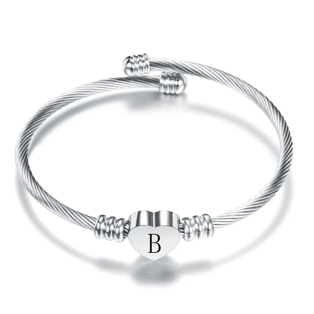 Initial Letter Stainless Steel Cuff Bracelet For Women 26 Alphabet Heart Charm Bangle Female Fashion Birthday Party Jewelry Vera Lux