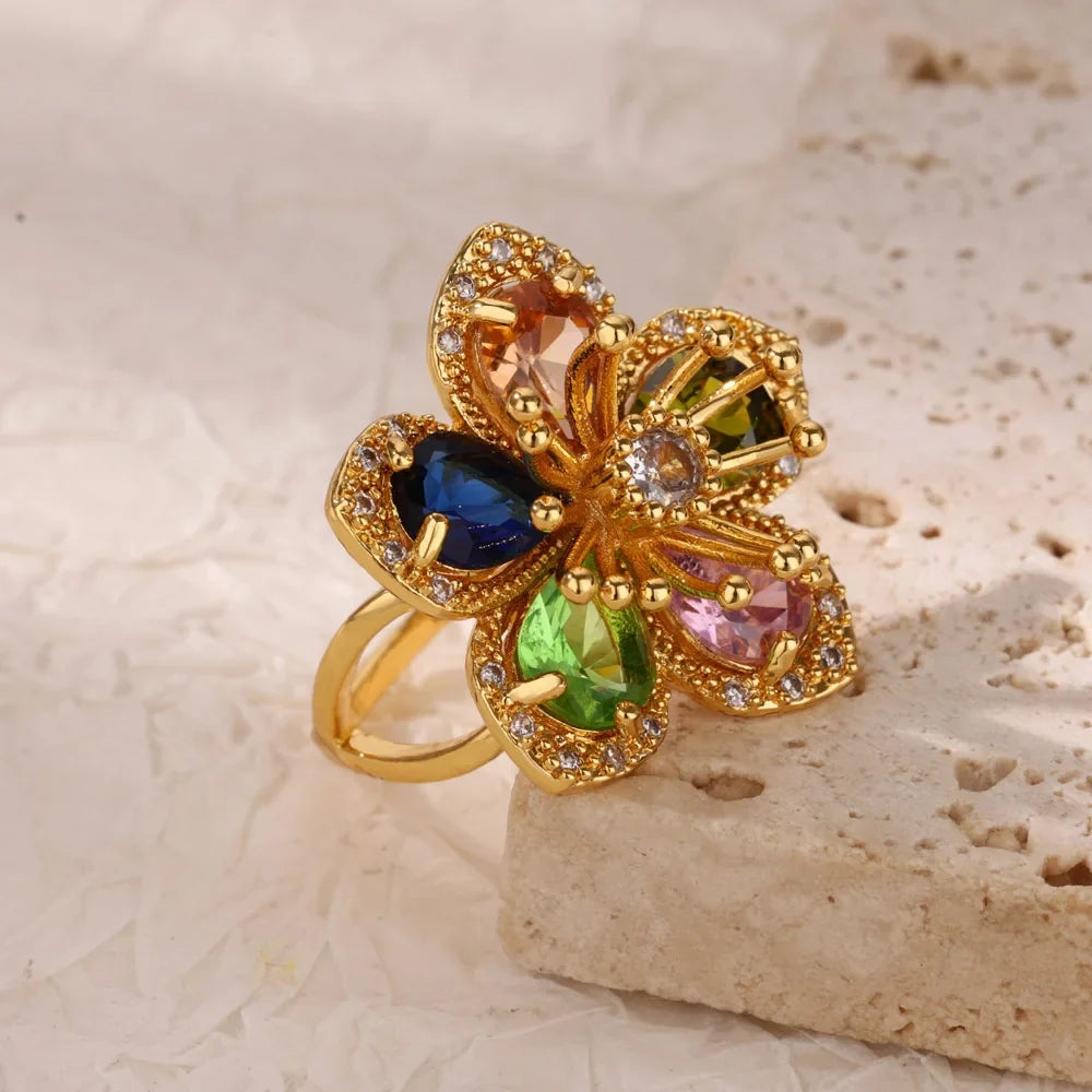 Luxury Colorful Zircon Flower Rings For Women Gold Color Stainless Steel Opening Ring Fashion Wedding Party Aesthetic Jewelry Vera Lux