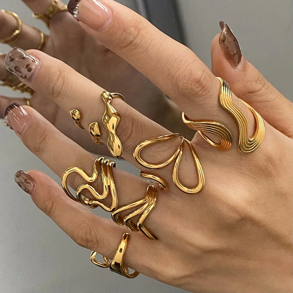 Stainless Steel Irregular Wave Rings For Women Creative Gold Color Adjustable Open Ring Female Jewelry Punk Rapper Anillos Gifts Vera Lux