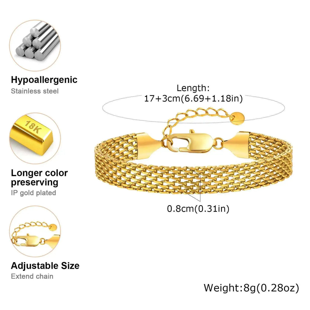Mesh Link Chain Stainless Steel Bracelet for Women, 3mm/4mm/6mm Gold Plated Italian Chain Wristband Gift Jewelry, Non Tarnis Vera Lux