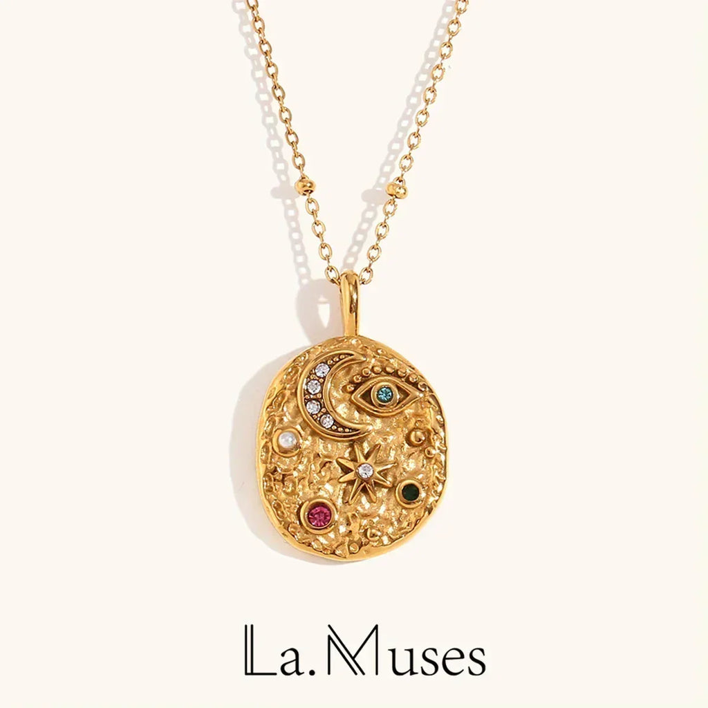 La. Muses Colored Cubic Zirconia Star Moon Texture Pendant Stainless Steel Retro Luxury Necklace Waterproof Jewelry Gift Femstylo