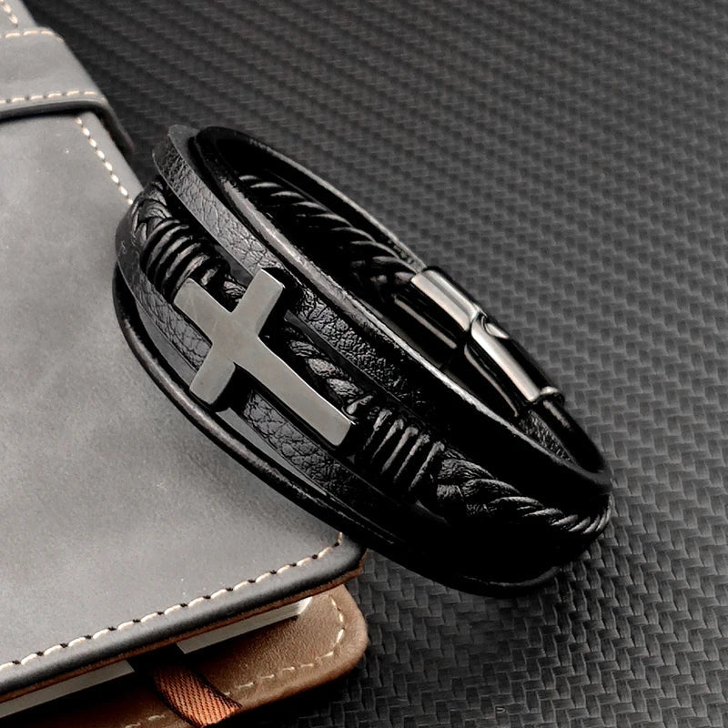 Boho Personalized Men's Family Name Bracelet Black Cross Woven Leather With Stainless Steel Charm Bracelet Custom Name Jewelry Vera Lux