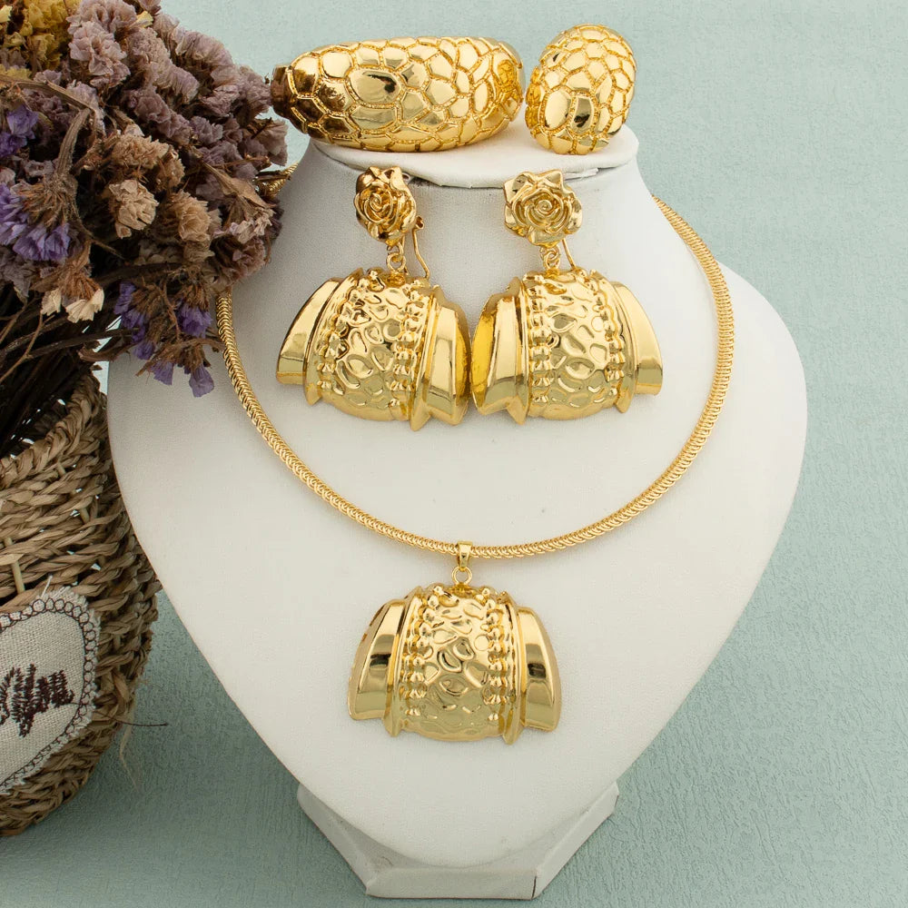 Africa Necklace Earrings Jewelry Set for Women Gold Color Metal Dubai Big Exaggerated Hoop Earrings Punk Jewelry Accessories Vera Lux