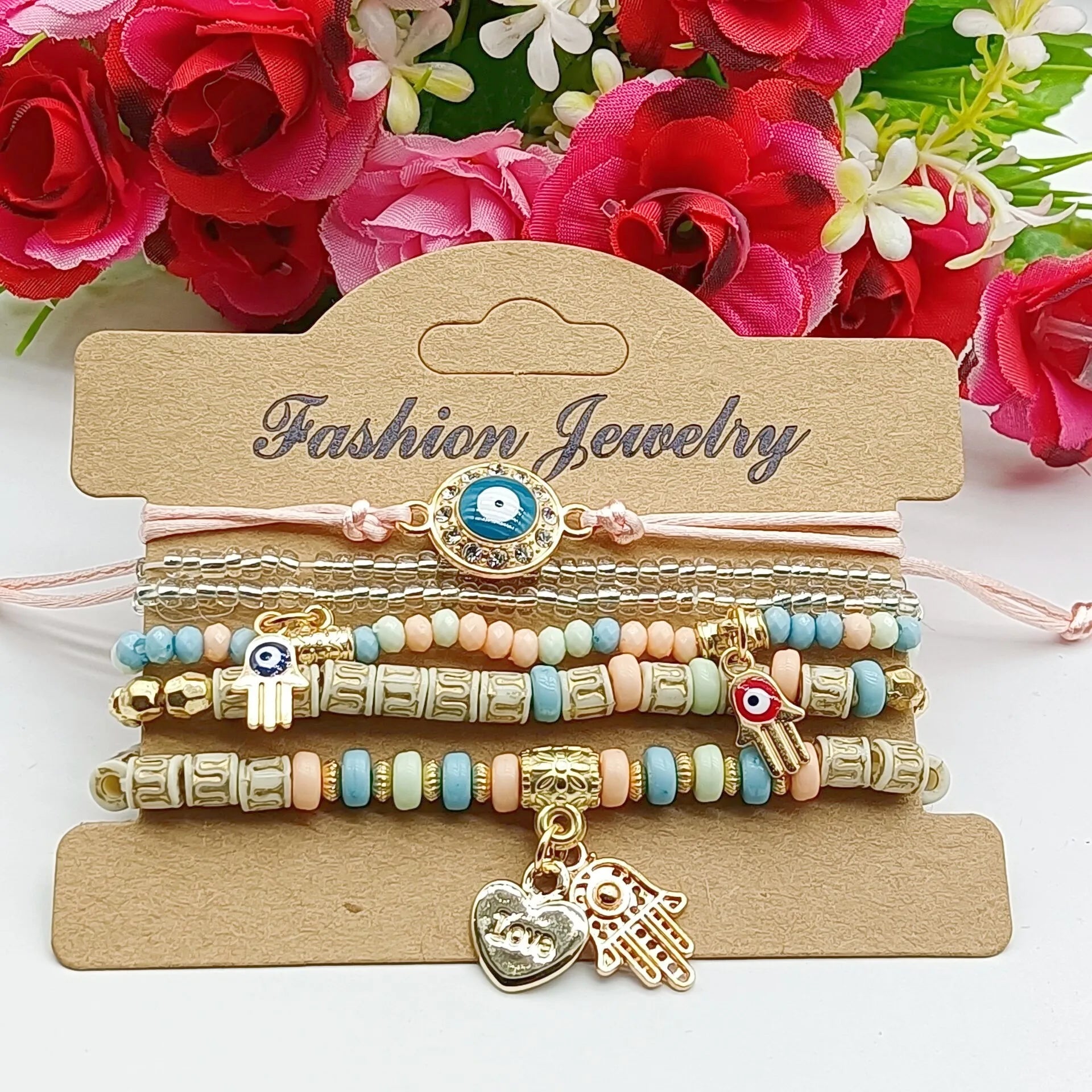 6Pcs Fatima Hand Evil Eye Bracelet Set For Women Heart Charm Beads Rope Chain Bangle Female Bohemian Handmade Jewelry Vera Lux