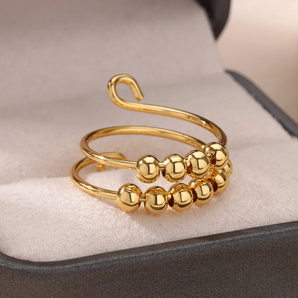 Anti-Stress Rotating Beads Rings for Women Men Gold Color Stainless Steel Double Smooth Beads Finger Ring Party Jewelry Gift Vera Lux