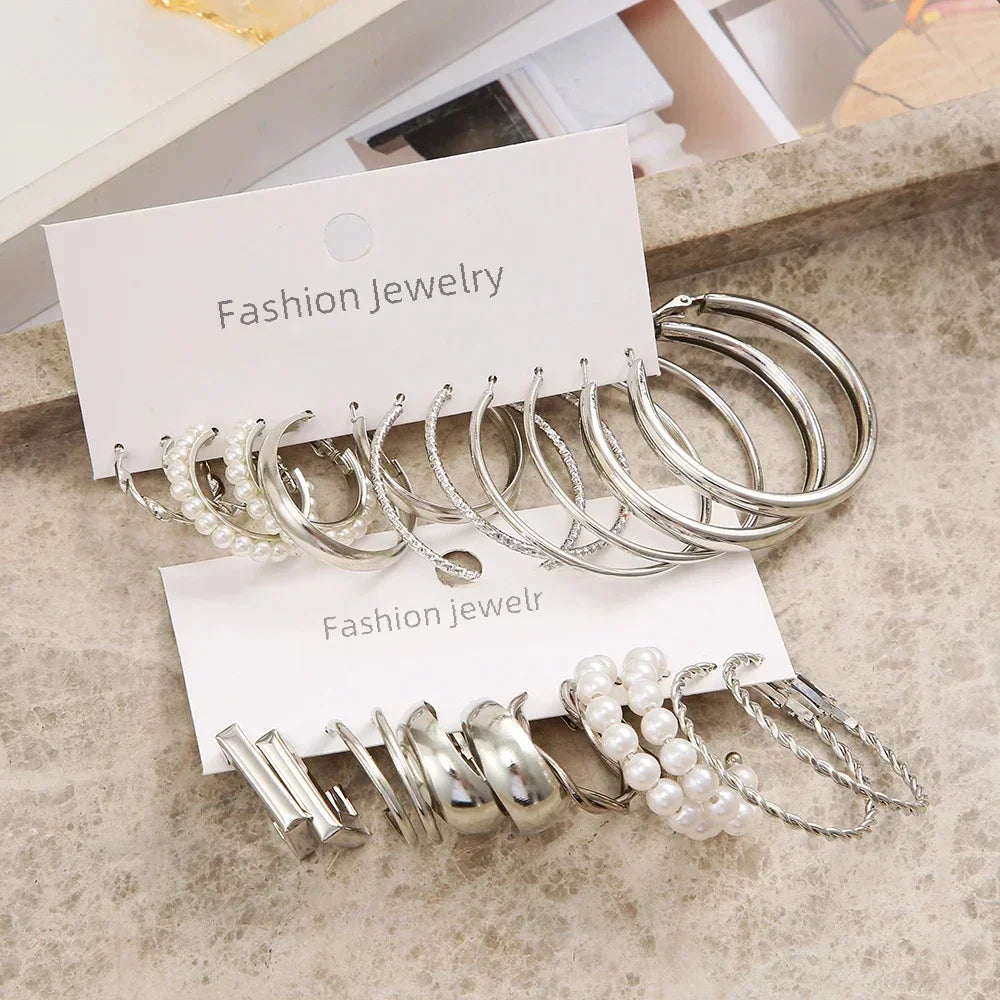 24 Pcs Vintage Silver Color Y2K Pearl Earrings for Women Geometry Round Circle Square Hoop Earring Set Fashion Female Jewelry Vera Lux