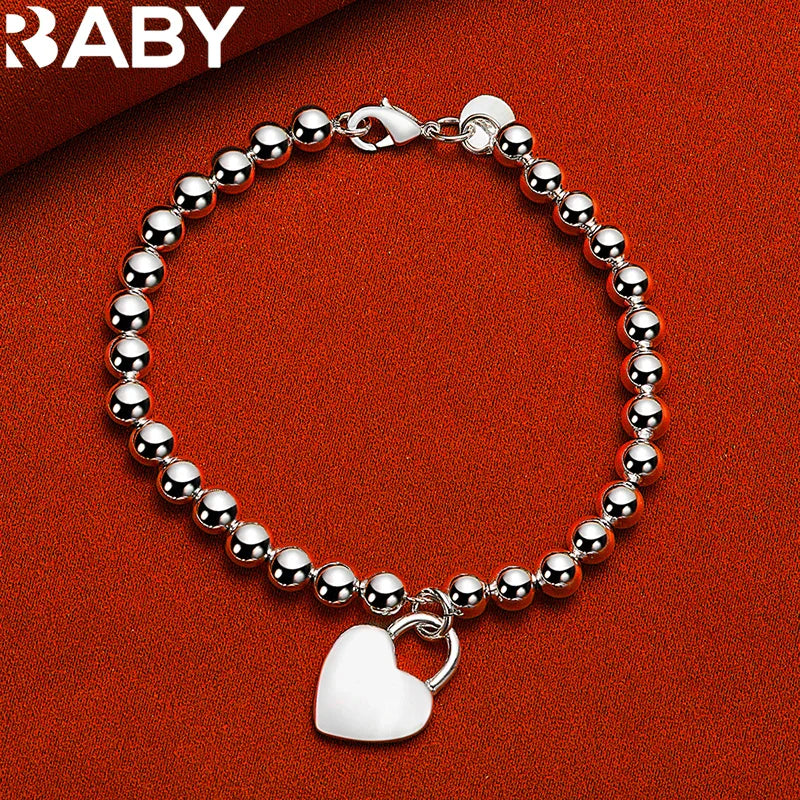 URBABY 925 Sterling Silver Smooth Beads Chain Heart Pendant Bracelet For Woman Wedding Party Fashion Jewelry Gift Vera Lux