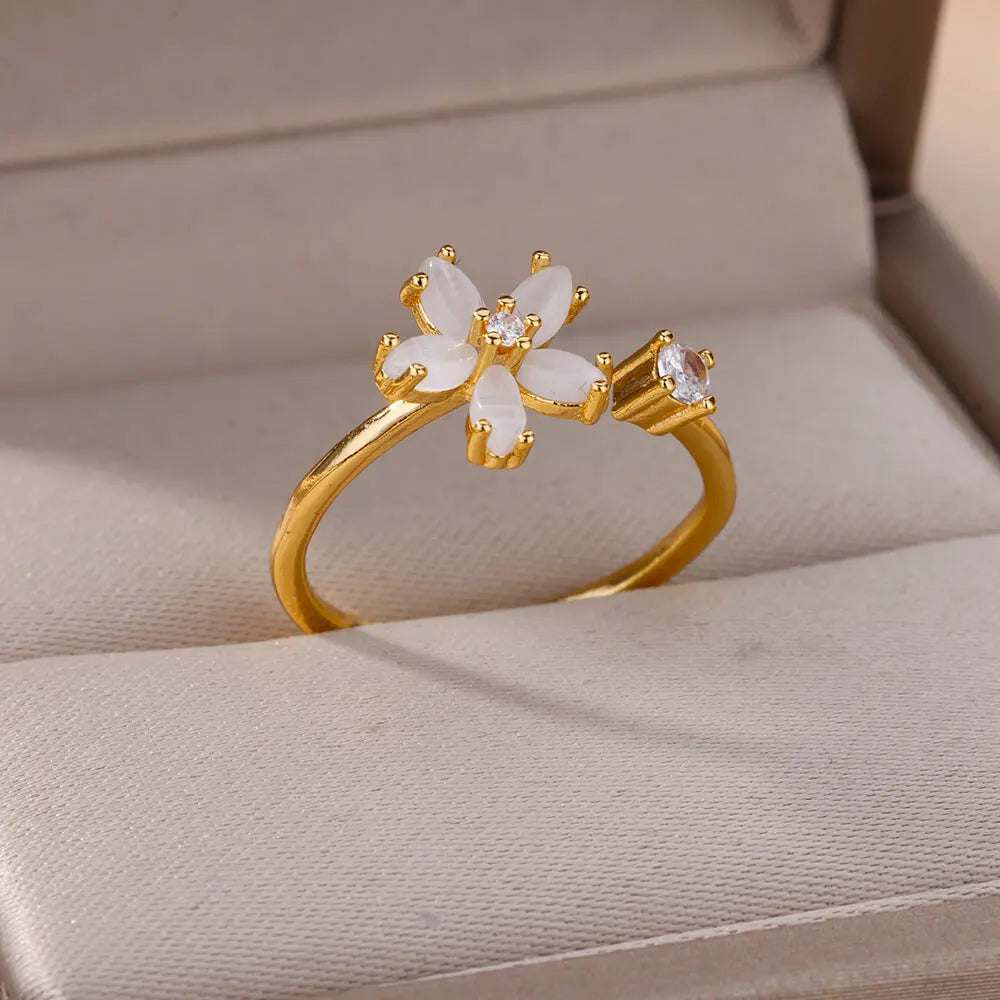 Opal Flower Rings For Women Cubic Zirconia Openning Stainless Steel Flower Ring Wedding Floral Aesthetic Jewelry anillos mujer Vera Lux