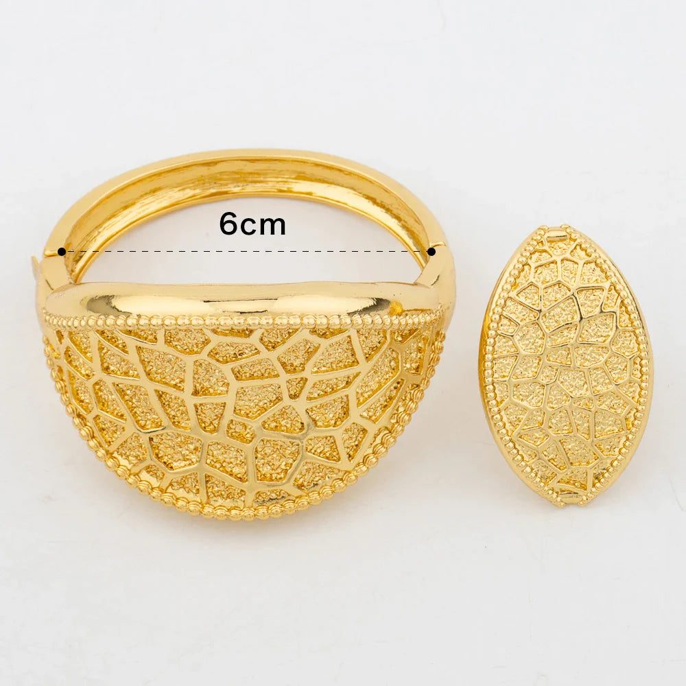 Large Hoop Bangle for Women Flower Italian Dubai Gold Color Bracelet Ring Jewelry Set Luxury Copper Fashion Birthday Party Gift Vera Lux