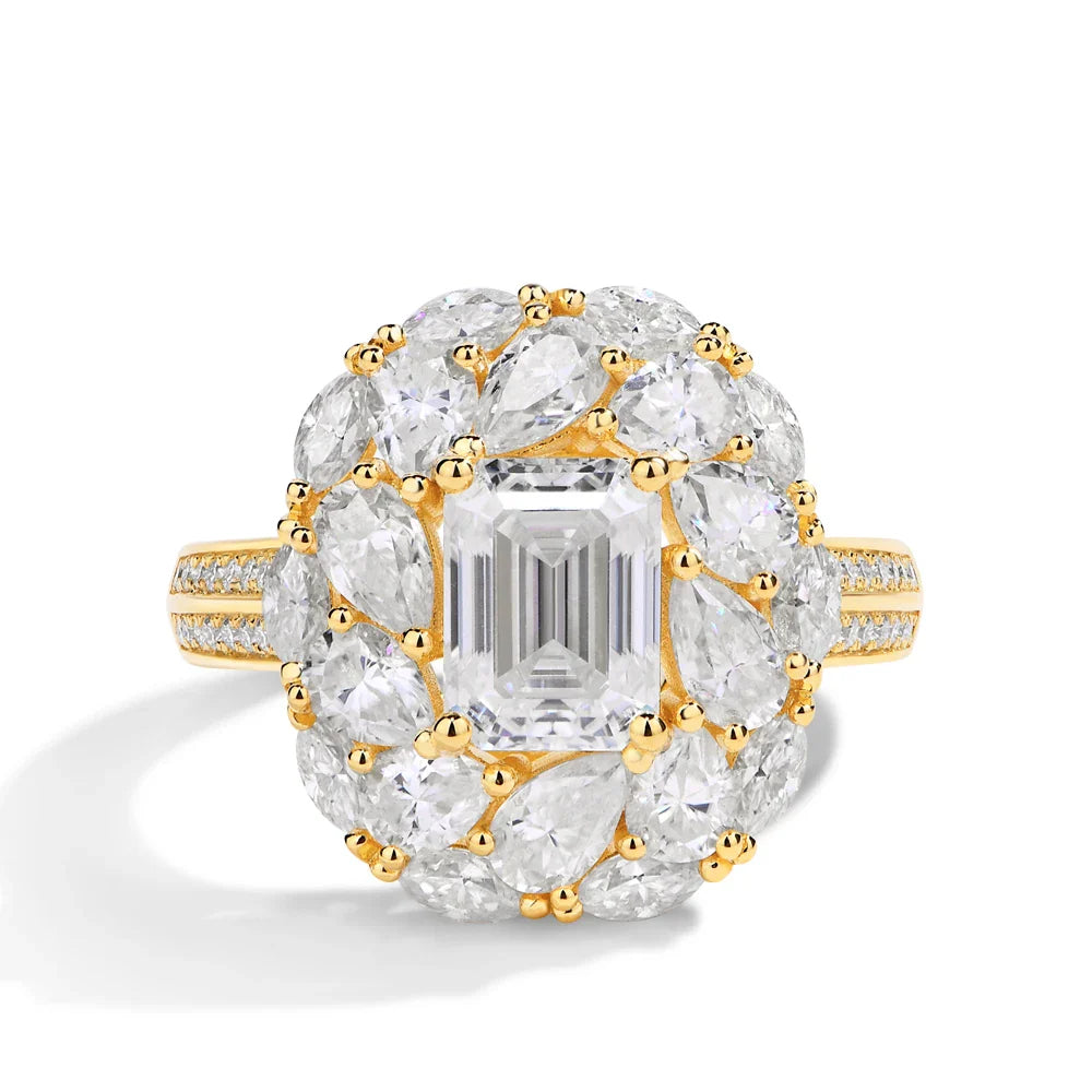 MINTYBOX 2.0ct Flower Design Halo Emerald Cut Engagement Ring Lab Diamond S925 Silver Moissanite Rings For Women 18K Gold Plated Vera Lux
