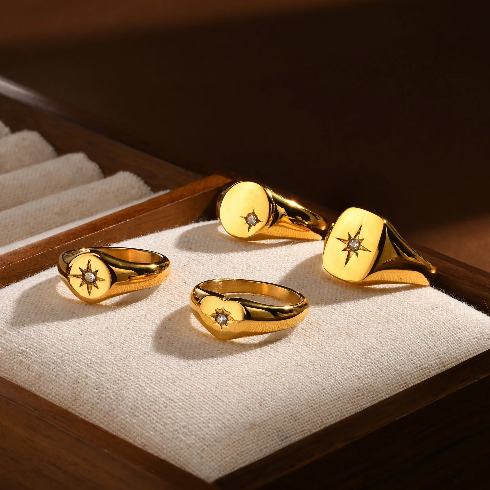 Stainless Steel Sunshine Signet Pinky Ring, Cubic Zirconia Inlay Ring Gold Plated, Non-Tarnish Fashion Jewelry Vera Lux