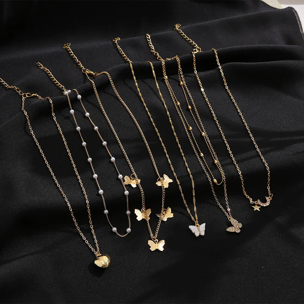 11 Pcs Women's Zircon Necklace Set Gold Color Fashion Love Heart Butterfly Pendant Hypoallergenic Neck Chain Boho Jewelry Gifts Vera Lux