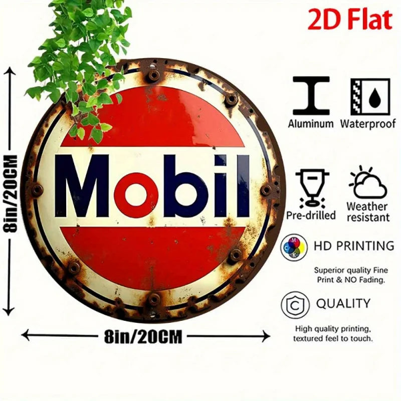 2D Flat 1pc Round - Retro Aluminum Tin Sign - Vintage "Mobil" Gasoline Plaque, 8x8 Inch, Rustic Wall Art for Home Perfecsy