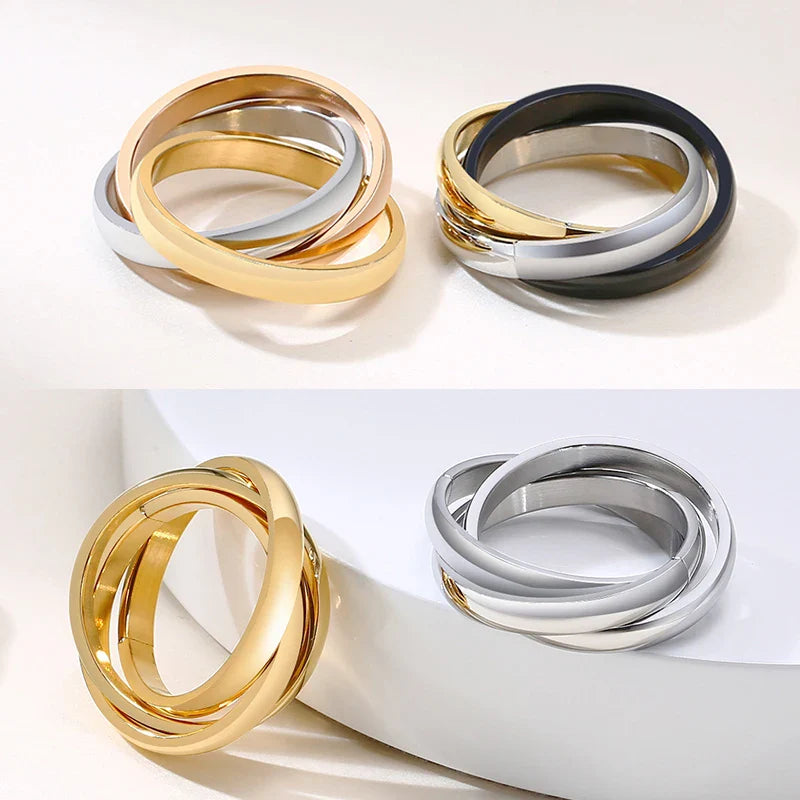 Stainless Steel Interlocked Triple Ring for Women Multi Color Wedding Band Bague Three in One Vera Lux
