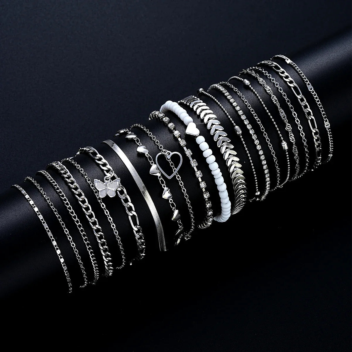 19Pcs/Set New Design Silver Color Anklet Sets for Women Fashion Pearl Butterfly Heart Crystal Foot Chain Versatile Daily Jewelry Vera Lux