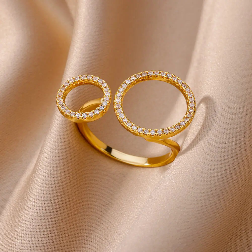 Zircon Double Circle Rings For Women Stainless Steel Adjustable Geometric Circle Ring Wedding Party Aesthetic Jewerly Gift femme Vera Lux
