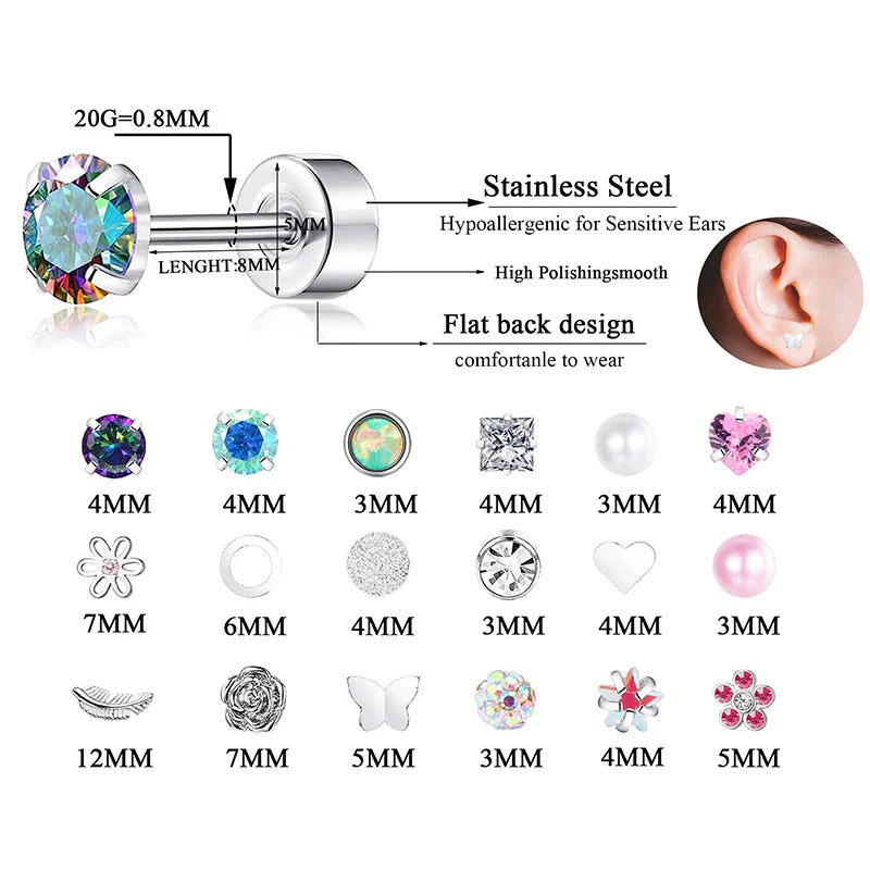 2PCS/Set Stainless Steel Heart Moon Earbone Stud Screw Ball Stud Earrings for Women Fashion Ear Tragus Cartilage Body Piercing Vera Lux