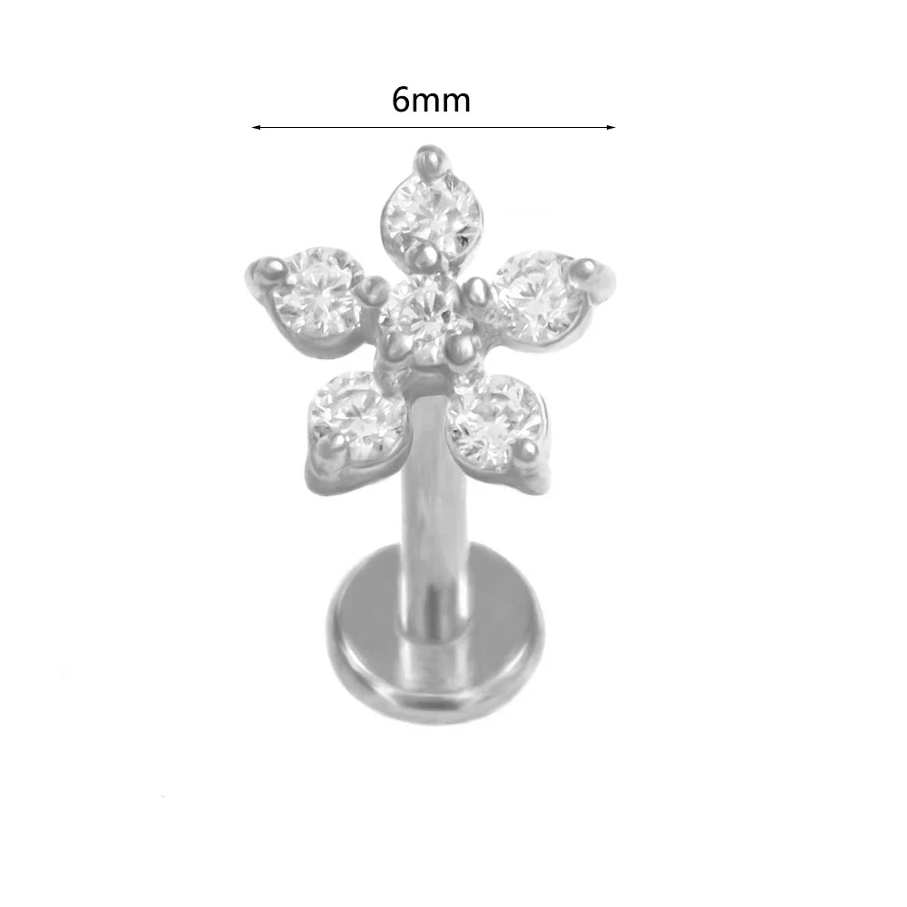 100% 316L Surgical Steel Flower Labret Piercing Butterfly Bee Tragus Snake Cartilage Helix Flat Back CZ Earrings Body Jewelry Vera Lux