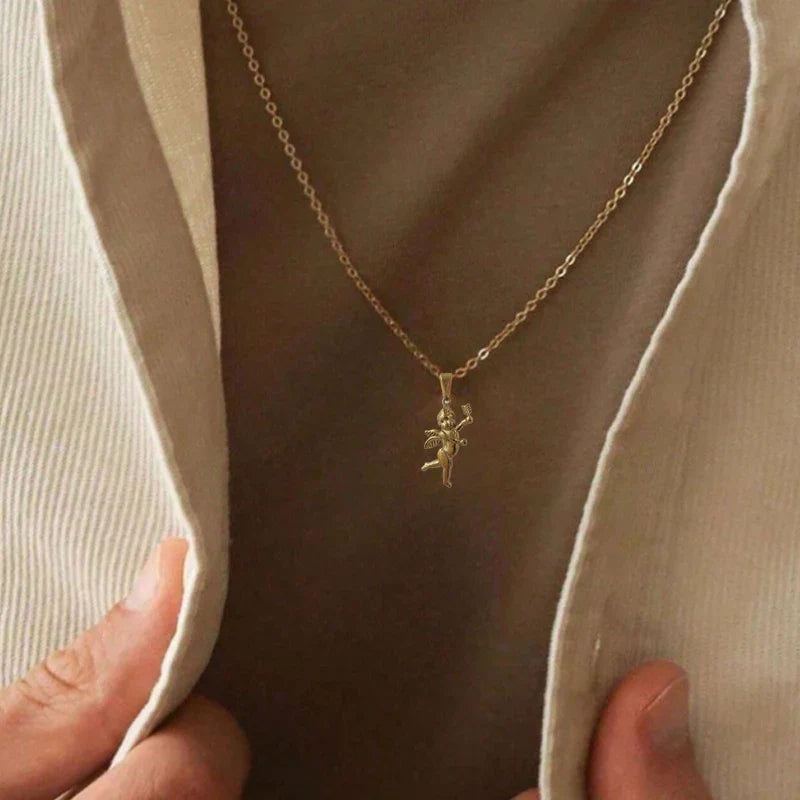 Vintage Stainless Steel Cupid Charm Pendant Necklace Waterproof 18K Gold Plated Necklace Unisex Jewelry Gift Vera Lux