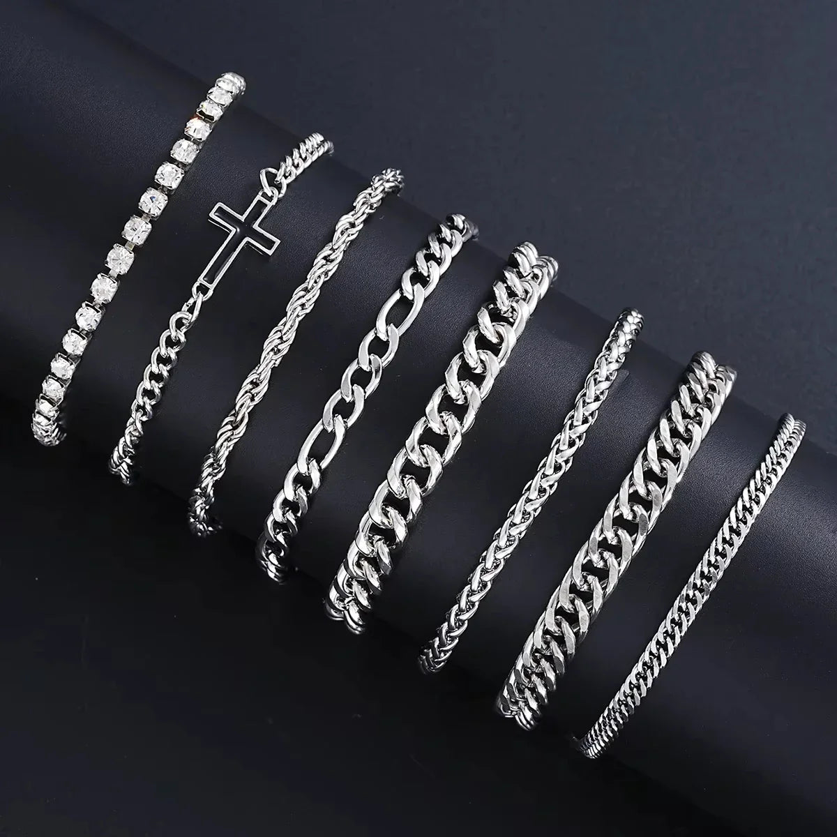 8Pcs Stainless Steel Cross Cuban Bracelets For Men Women Punk Silver Color Crystal Twist Chain Bracelet Daily Wear Fashion Vera Lux