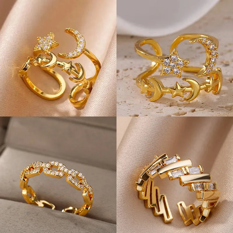 Zircon Star Moon Rings For Women Gold Color Adjustable Stainless Steel Moon Star Ring Wedding Aesthetic Party Jewelry Gift BFF Vera Lux
