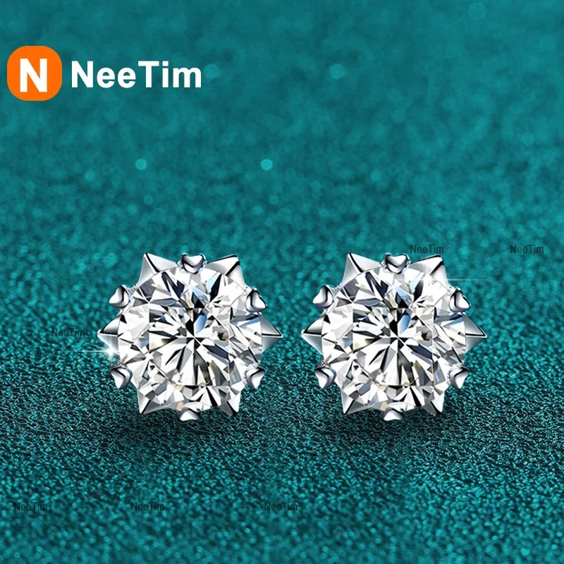 NeeTim 0.3ct-2ct Moissanite Earrings Lab Diamond 925 Sterling Silver with Gold Plated Snowflake Studs Earring Wedding Jewelry Vera Lux