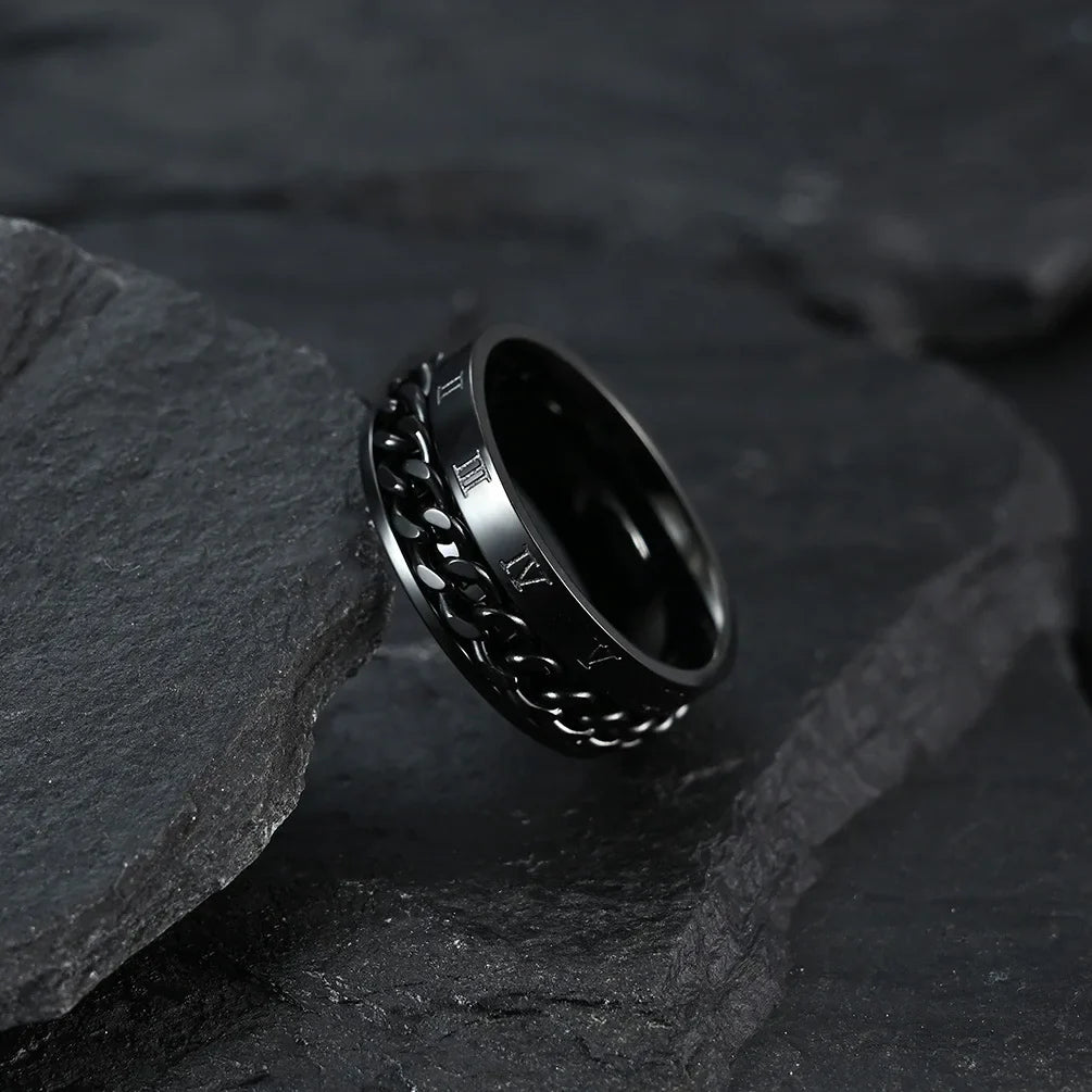 Roman Numerals Stainless Steel Chain Rotating Anxiety Black Rings For Men Fidget Metal Spinner Knuckle Ring Anillos De Hombre Vera Lux
