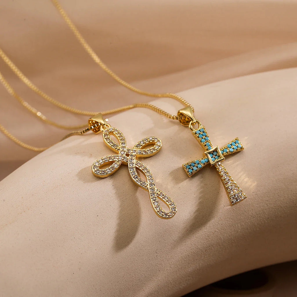 NEWBUY 2025 New Coming Cross Pendant Necklace For Women Gold Color Copper Jewelry Full CZ Zircon Inlay Vera Lux