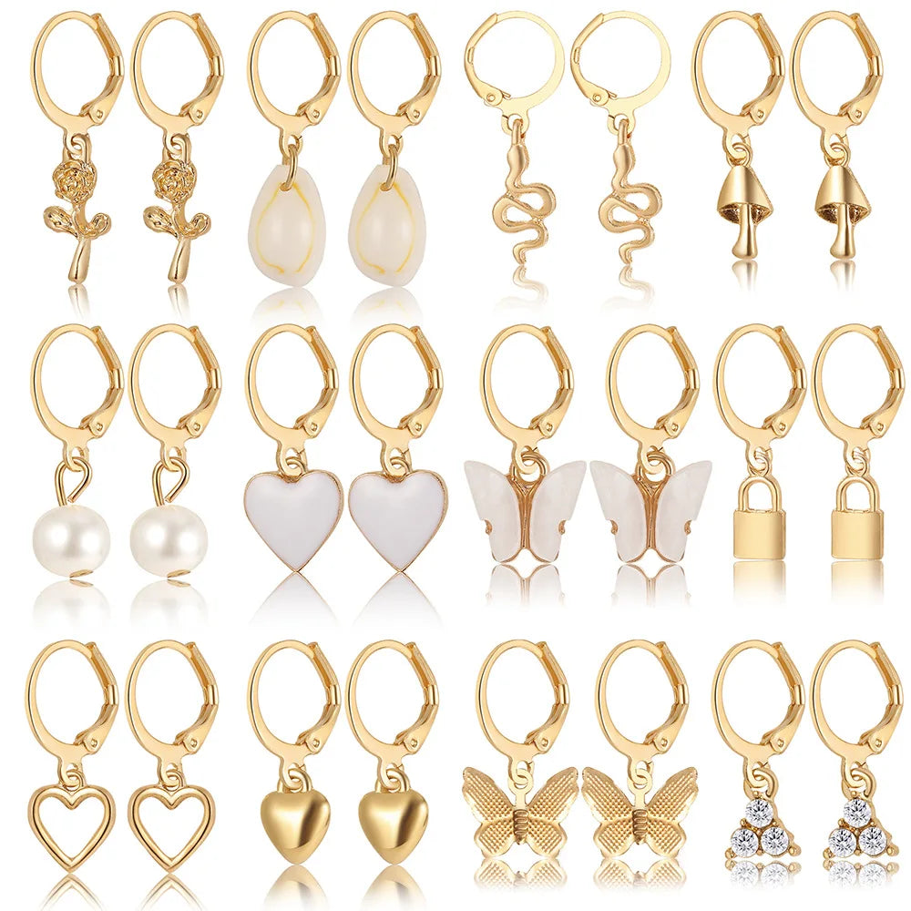 24 Pcs European and American Boho Big Circle Hoop Earring Set for Women Gold Color Vintage Pearl Earring Heart Zircon Jewelry Vera Lux