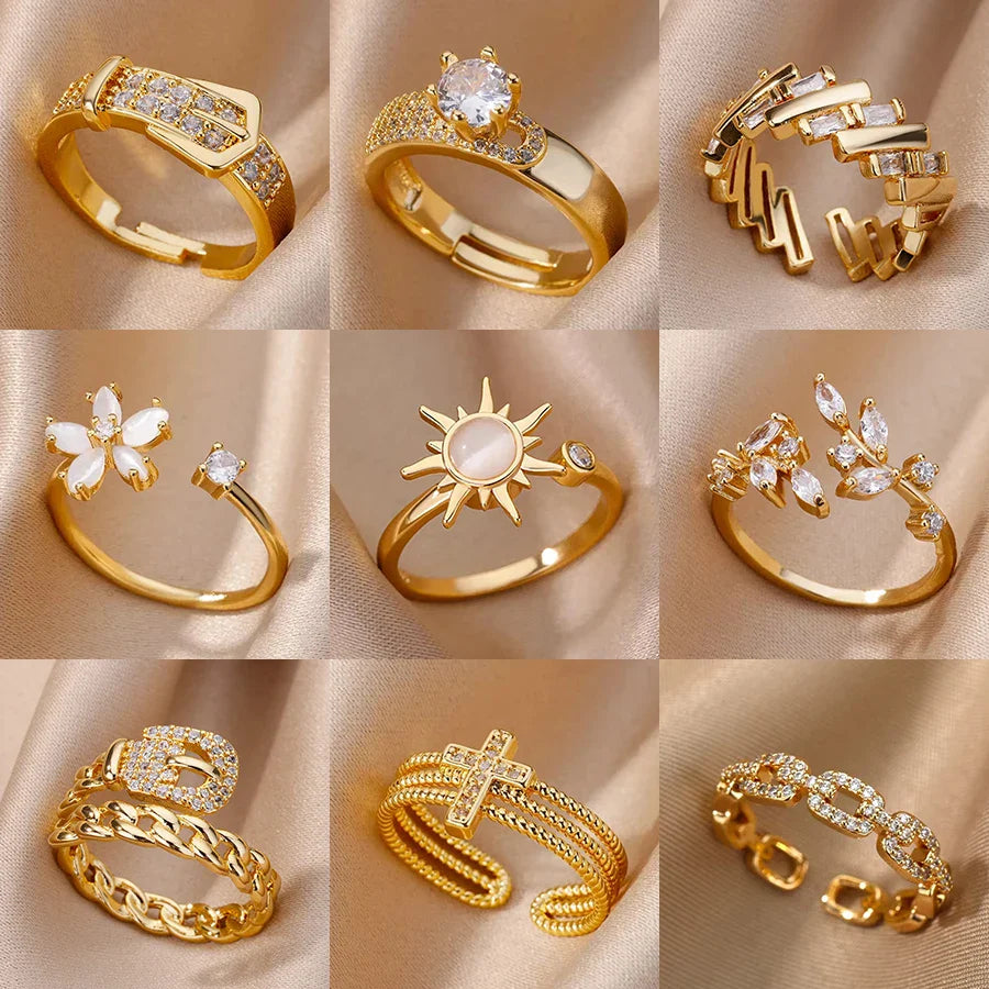 Luxury Zircon Geometric Rings For Women Stainless Steel Gold Color Open Ring Trendy Wedding Party Aesthetic Jewerly Gift Femme Vera Lux