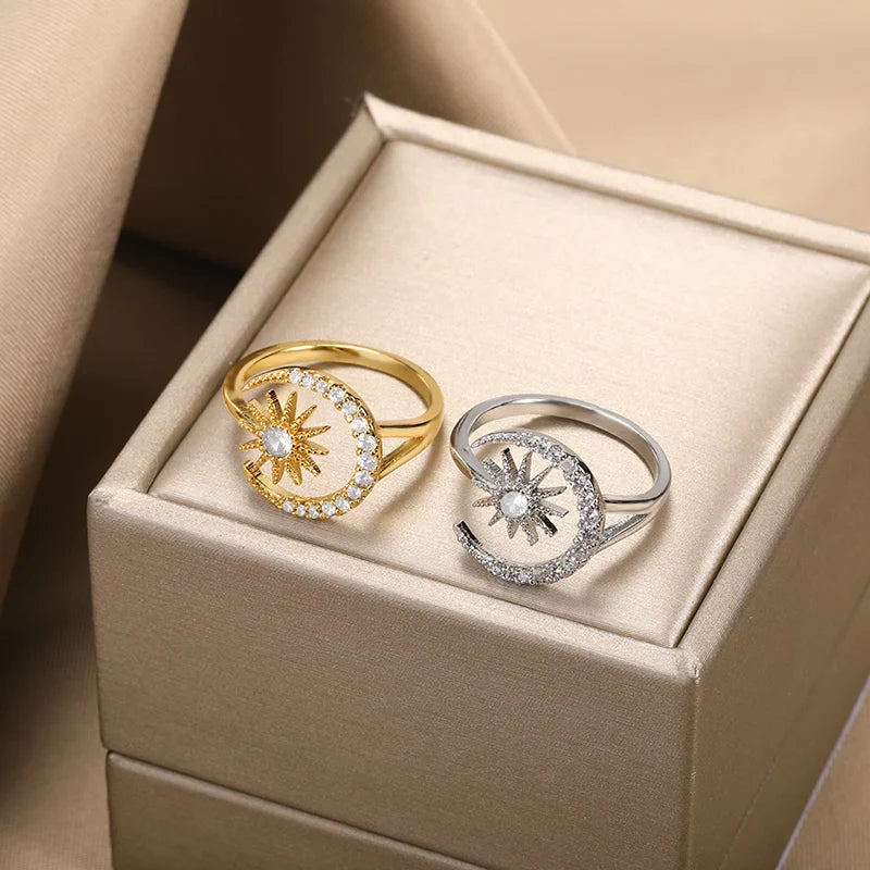 Zircon Star Moon Rings For Women Gold Color Stainless Steel Geometric Star Moon Ring Engagement Wedding Christmas Jewelry Gift Vera Lux
