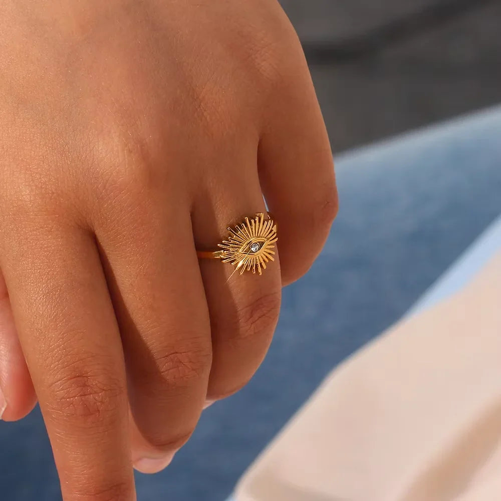 Stainless Steel Tiny Zircon Rings For Women Exquisite Gold Color Sun Double-Layer Ring Punk Hip-Hop Accessory Bague Jewelry Gift Vera Lux