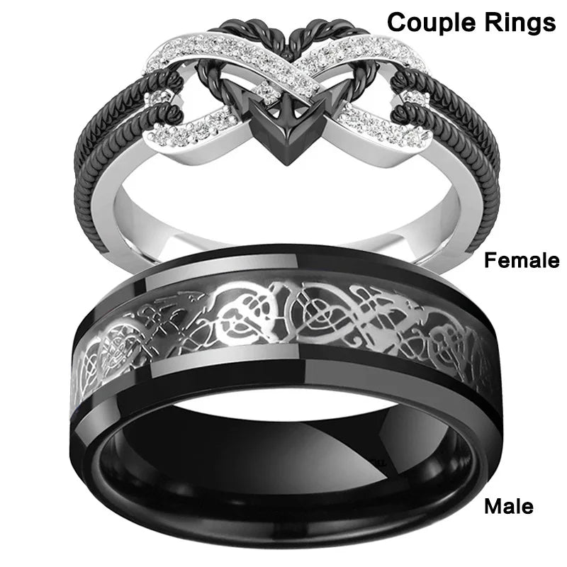 Charm Couple Rings For Men Stainless Steel Celtic Dragon Ring Heart Black Zircon Women Wedding Rings Set Valentine's Day Jewelry Vera Lux