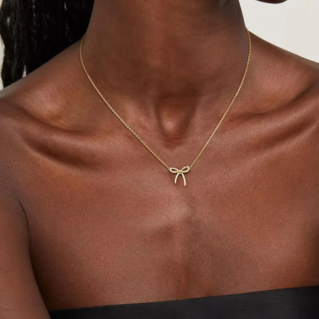 Stainless Steel Bowknot Lucky Necklace For Women Gold Color Korean Necklaces Female Aesthetic Choker Jewelry Daily Accessories Vera Lux