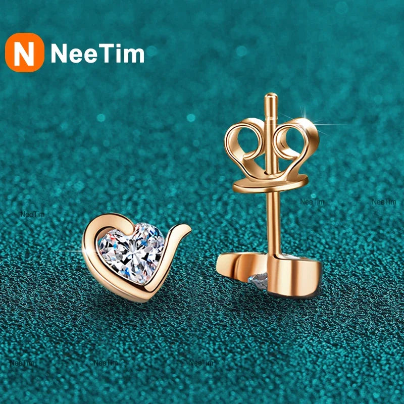 NeeTim Moissanite Heart Stud Earrings for Women 925 Sterling Silver with White Champagne Gold Plated Wedding Earring Certified Vera Lux