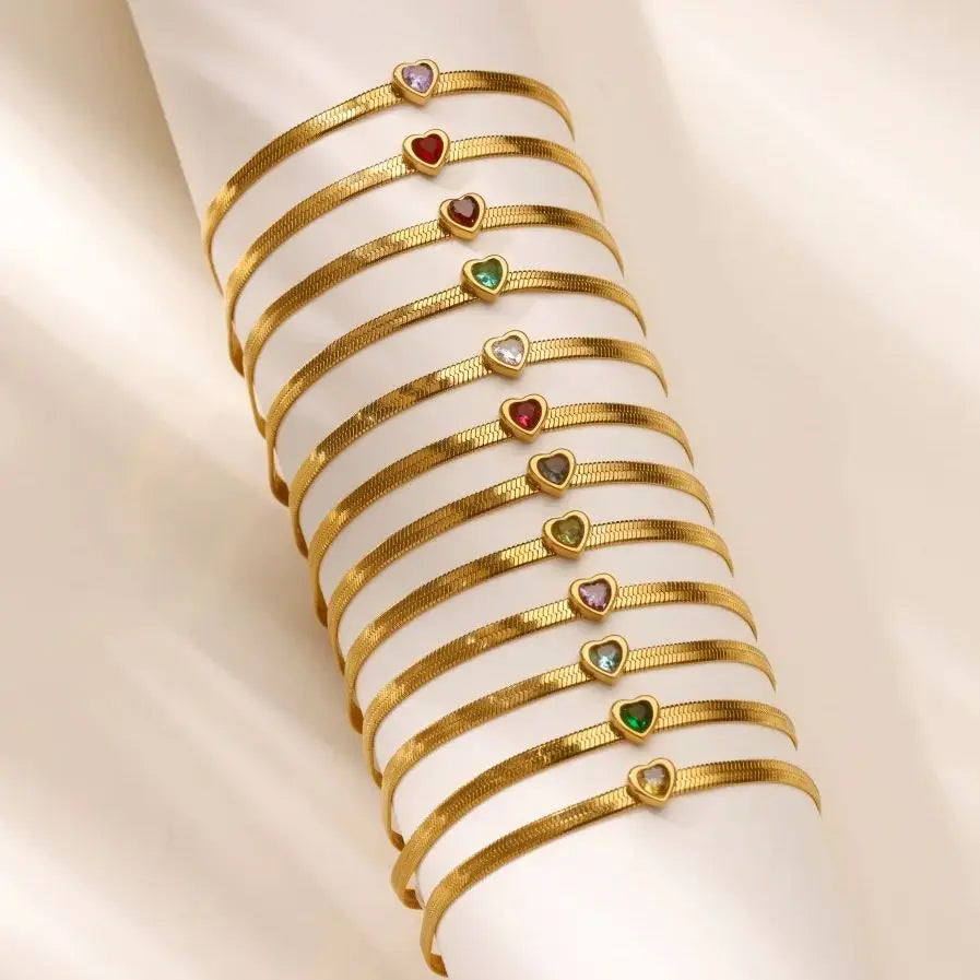 Zircon Birthstone Heart Bracelets For Women Gold Color Stainless Steel Heart Bracelet Wedding Birthday Luxury Jewelry Gift Vera Lux
