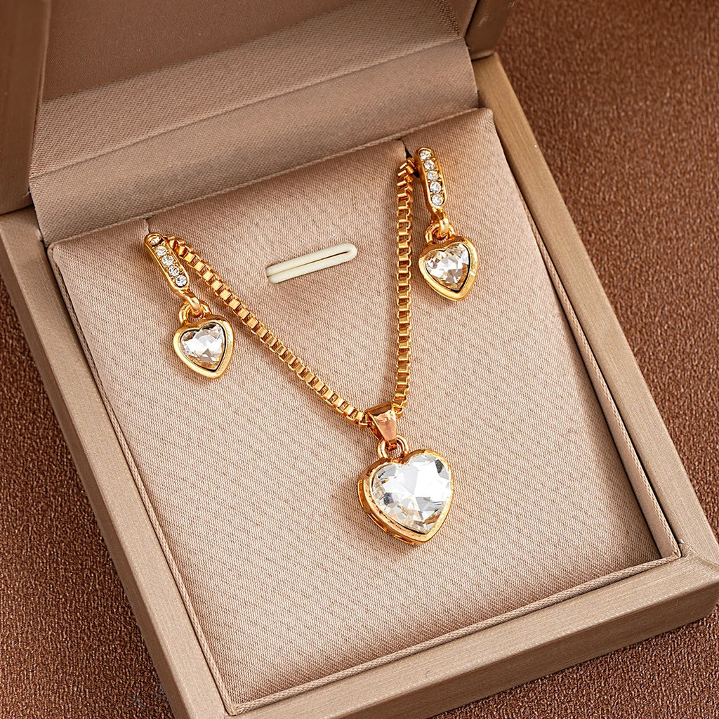 3 Pcs Heart Pendant Jewelry Set Of Earring Pendant Necklace For Women Exquisite Fashion Rhinestone Double Heart Jewelry Set Gift Vera Lux