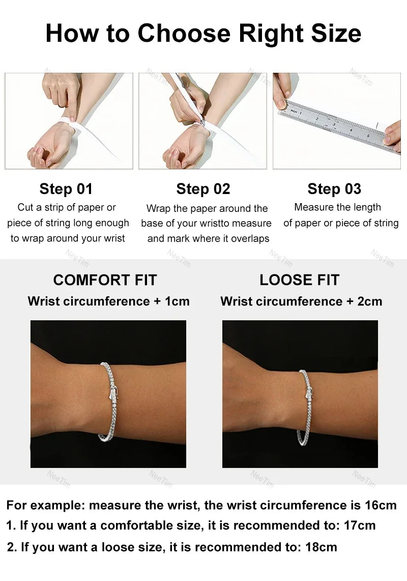 NeeTim 3mm 4mm 5mm Moissanite Tennis Bracelet Full Diamond 925 Sterling Silver with Gold Plated Bracelets For Women Men Vera Lux