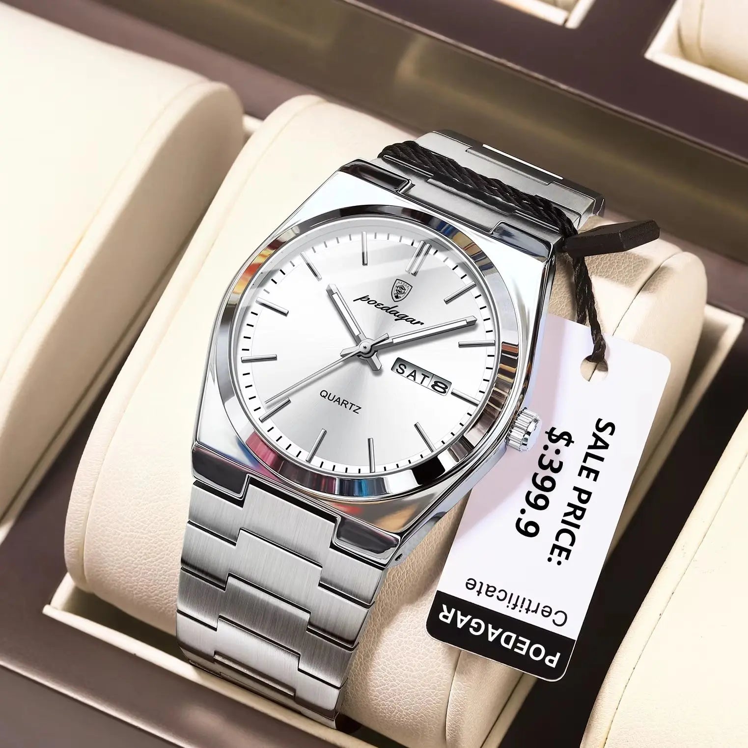 POEDAGAR Luxury Business Man Wristwatch Waterproof Luminous Stainless Steel Men Watch Date Week Fashion Quartz Men's Watches+Box Vera Lux