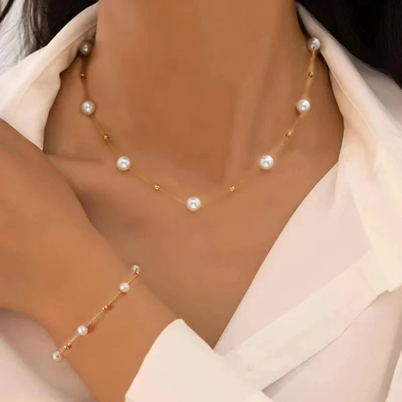 2 Pcs Exquisite Gold Color Bohemian Jewelry Set for Women Fashion Pearl Cross Pendant Necklace Bracelet Set Casual Jewelry Gifts Vera Lux