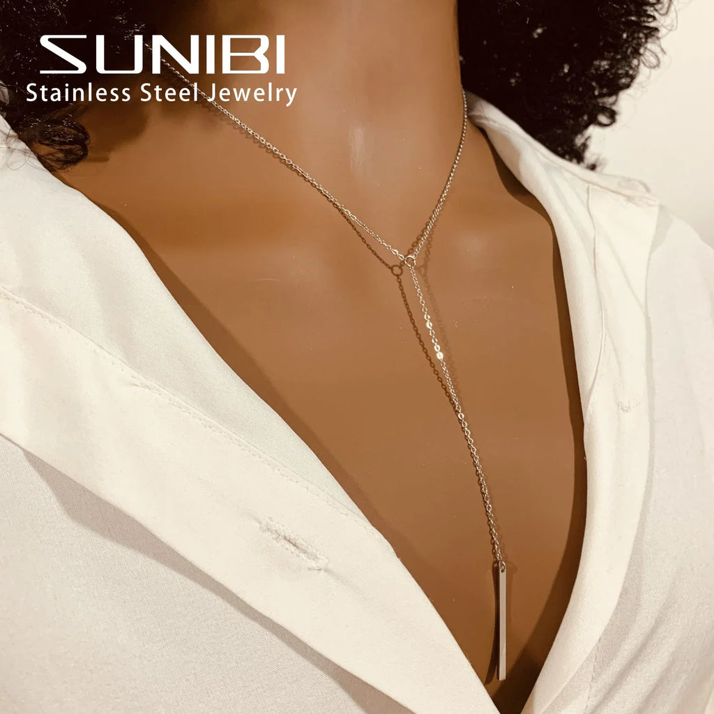 SUNIBI Vertical Bar Pendant Necklaces Stainless Steel Simple Long Lariat Chain Minimalist Dangle Necklace for Women Jewelry Gift Vera Lux