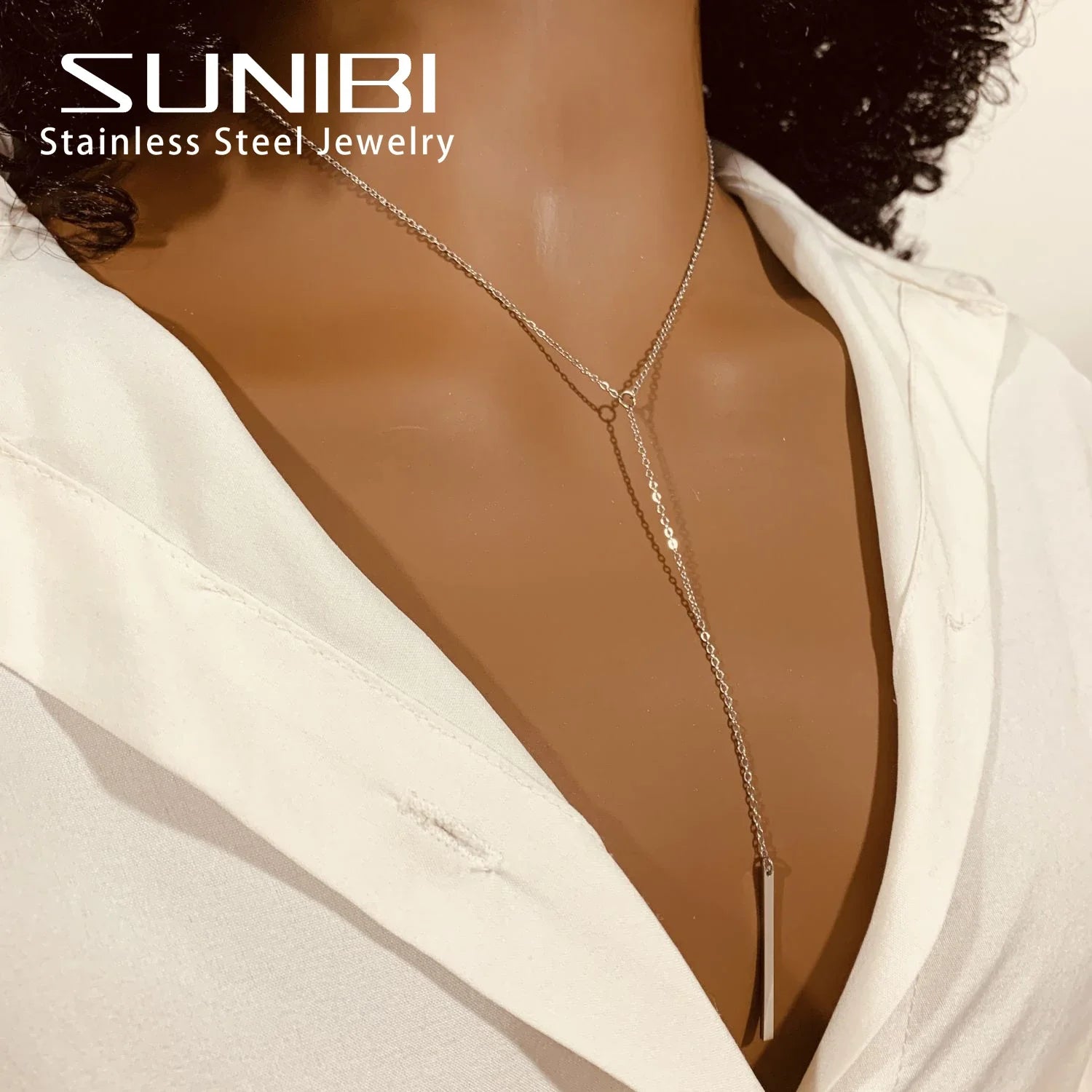 SUNIBI Vertical Bar Pendant Necklaces Stainless Steel Simple Long Lariat Chain Minimalist Dangle Necklace for Women Jewelry Gift Vera Lux