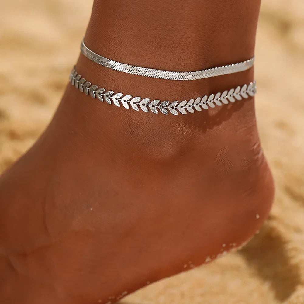 Stainless Steel Anklet Creative Splicing Wrap Around Leaf Design Blade Chain Anklet For Women Jewelry Goddess Banquet Fine Gifts Vera Lux