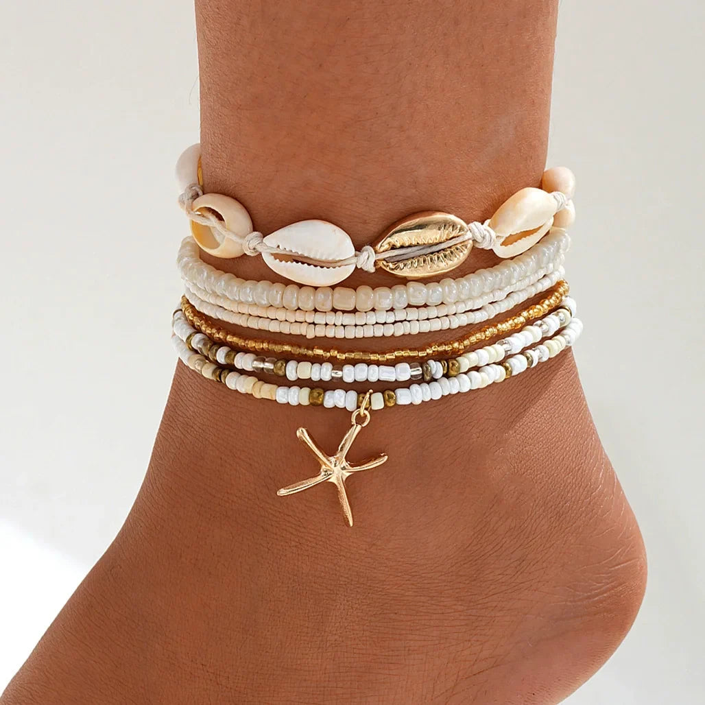 3 Pcs Beach Beaded Anklet Set for Women Vintage Summer Gold Color Starfish Shell Charms Anklet Vacation Daily Wear Jewelry Gifts Vera Lux