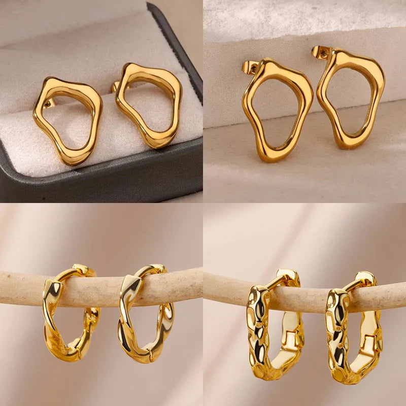 Irregular Hollow Cute Stainless Steel Stud Earrings for Women Gold Color Wedding Aesthetic Irregular Texture Earring Jewelry BFF Vera Lux