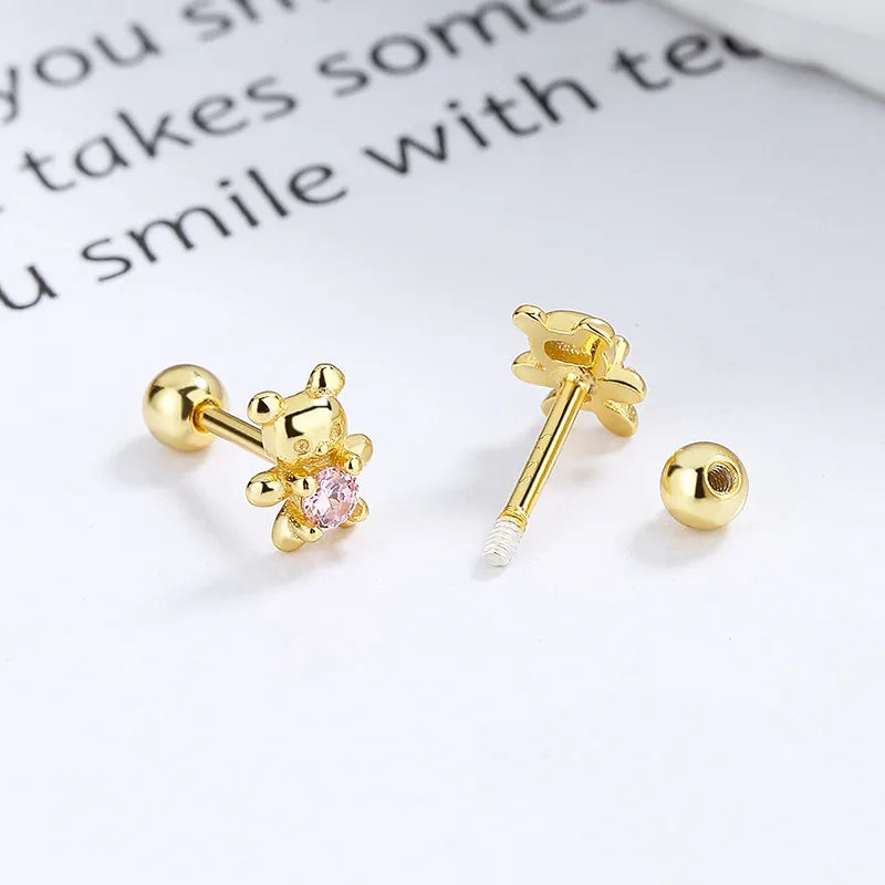925 Sterling Silver Adorable Bear Ear Studs Screw-On Ear Plugs Stylish Ear Jewelry Exquisite Gift Vera Lux
